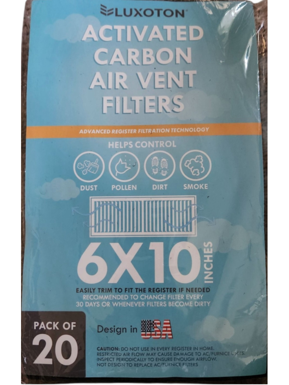 Luxoton Activated Carbon 6x10" Air Vent Filters For House Registers 20 Pack, New